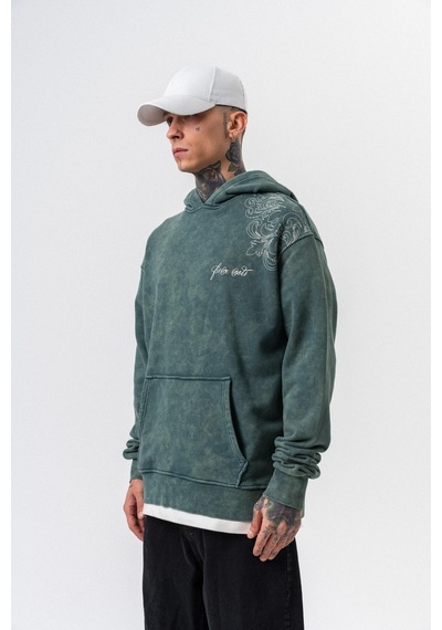 Respire Erkek Fierce Baskılı Yıkamalı Kapüşonlu Oversize Hoodie Yeşil