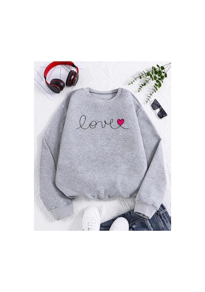 Herkesemoda Love Yazı Detaylı Bisiklet Yaka İçi Polarlı Sweatshirt Gri
