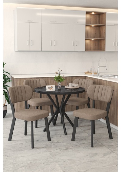 Gnr 90cm Sabit Siyah Mutfak Masası Takımı, Yemek Masası, 4 Modern Cappucino Sandalye Cappuccino