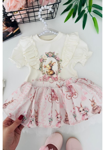 Miniğimin Cicileri Vintage Tavşan Detaylı Firfırlı Kız Bebek ... Ekru