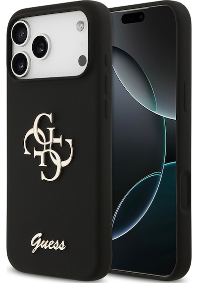 Apple Uyumlu iPhone 17 Pro Max  Kılıf Guess Lisanslı Grained Yazı Logolu Kapak Siyah Siyah