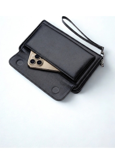 Vanilla Collection Kişiye Özel İsim Baskılı El Portföyü Cüzdan Telefon Bölmeli Fermuarlı Unisex Siyah