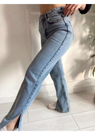 2035 Kadın Likralı Yanı Yırtmaçlı Bol Paça Jeans Kot Denim Pantolon Kar Yıkama