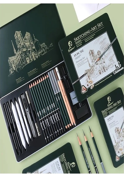 Karakalem Seti 19 Parça 1 Paket Teneke Metal Kutu Eskiz Çizim Seti Kara Kalem
