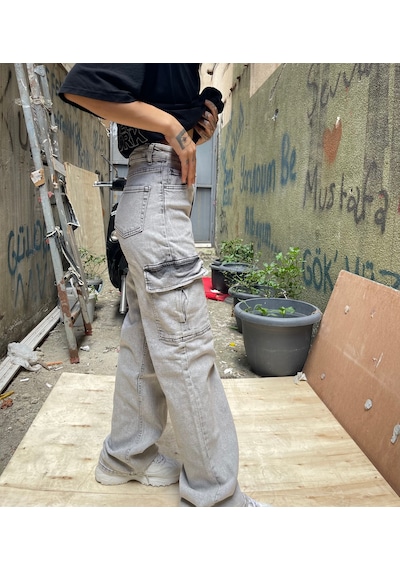 Kadın Gri Kargo Cepli Palazzo Jeans Gri