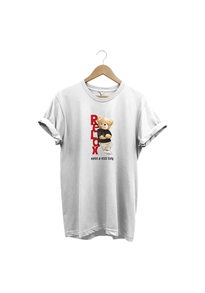 Sevimli Ayıcık Relax Ayı Tasarım Şık Baskılı %100 Pamuk Regular Fit Bisiklet Yaka Beyaz T-shirt Beyaz