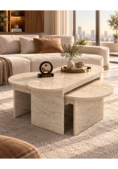 Odera Setro Ekru Traverten Desenli Oval Orta Sehpa 2'li Set İskandinav Retro Salon Sehpası Diğer Odera Setro Ekru Traverten Desenli Oval Orta Sehpa 2'li Set İskandinav Retro Salon Sehpası Diğer