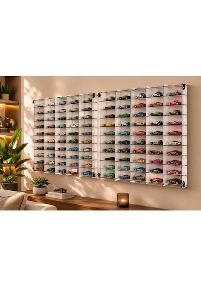 Pleksi Kapak 1/64 Hotwheels, Matchbox Uyumlu Oyuncak Hobi 100lü Araba Rafı Ceviz