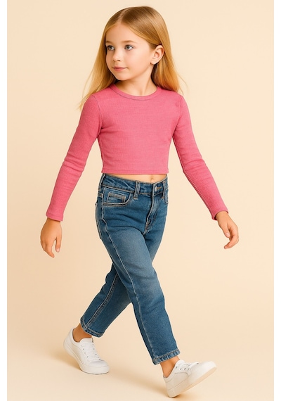 Kız Çocuk Pembe Uzun Kollu Basic Üst, Kız Çocuk Üst - Bluz Pembe