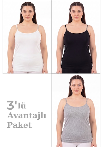 Arma Yıldız Kadın Büyük Beden İp Askılı Atlet Pamuklu Likralı Yumuşak Esnek Kumaş 3'lü Paket Beyaz Siyah Gri