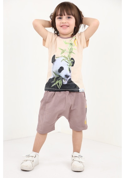 Toontoy Kids Toontoy Erkek Bebek Panda Baskılı Şortlu Takım Bej