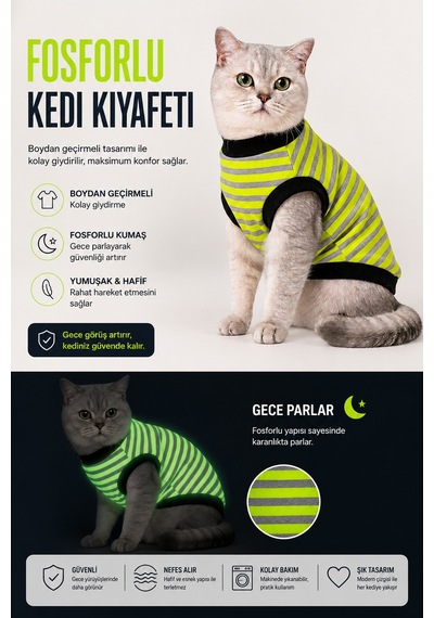 Fosforlu Boydan Geçirmeli Kedi Kıyafeti Gece Parlayan Reflektif Kedi Tişörtü, Yumuşak Ve Rahat Kedi Elbisesi