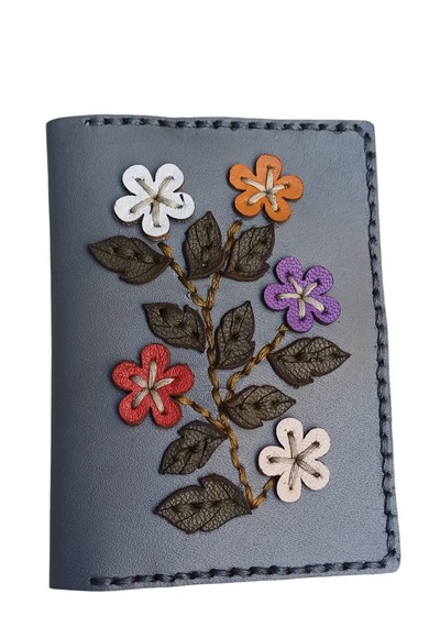Durush Collection Tasarım Gerçek Deri Gri Çiçekli El İşlemeli Kartlık