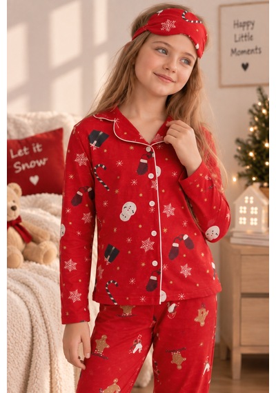 Free Beka Yılbaşı Desenli Uzun Kollu Önden Düğmeli Gömlek Yaka Kız Çocuk Pijama Takımı Kırmızı Free Beka Yılbaşı Desenli Uzun Kollu Önden Düğmeli Gömlek Yaka Kız Çocuk Pijama Takımı Kırmızı