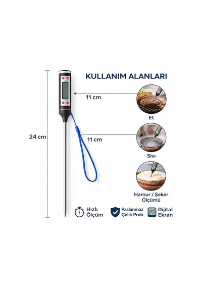 Dijital Mutfak Termometresi Paslanmaz Çelik Prob, Hızlı Ölçüm, Lcd Ekranlı Gıda Termometresi, Et Sıvı Hamur Şeker Ölçümü, 24 Cm Uzunluk Çok Renkli