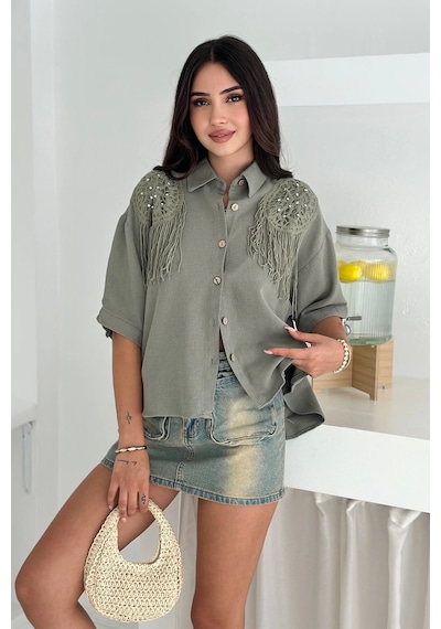 Asprin Fashion Yıkamalı Keten Gömlek Haki Haki