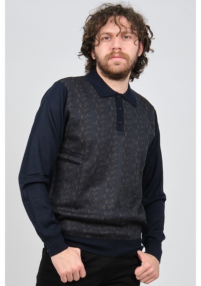 Woolman Erkek Desenli Polo Yaka Yün Kazak 1572001 Lacivert Lacivert Beyaz