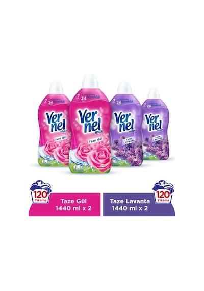 Vernel Max Konsantre Çamaşır Yumuşatıcısı Taze Gül 2 x 1440 ML + Taze Lavanta 2 x 1440 ML