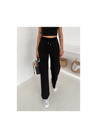 Gugus Kadın Bol Paça Modal Eşofman Altı Taşlı Wide Leg Model Siyah