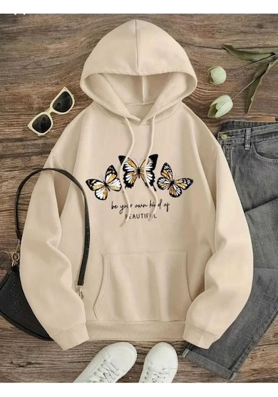 Kozia Outdoors Beautıful 3 Kelebek Baskılı Kapşonlu Sweatshirt Bej