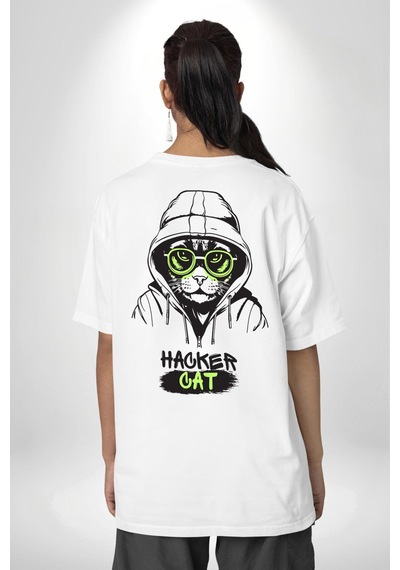 Hacker Kedi Bilgisayar Korsanı Yeşil Gözlük Beyaz Oversize Unisex Ön Ve Sırt Baskılı Tişört Beyaz