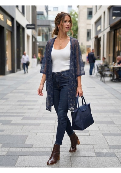 Lacivert Gold Detaylı Örme Kimono