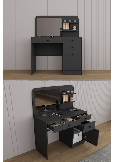 Yatak Odası Takımı 5 Parça %100 Mdf Gardırop Şifonyer Makyaj Masası Komodin Ytk02 Antrasit