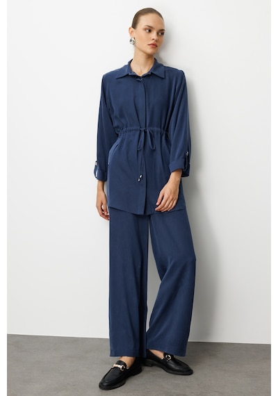 Mizalle Geniş Paça Beli Lastikli İndigo Mavi Cupro Pantolon Indigo