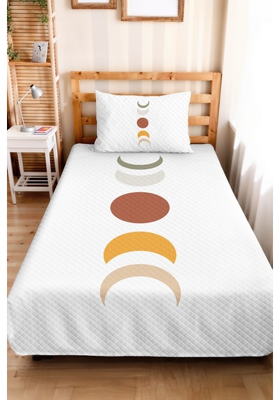 Minimal Geometrik Genç Odası Tek Kişilik Pike Takımı - Bohem Hardal Bej 160x220 Cm Yatak Örtüsü Killi Perde Baharı