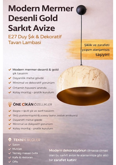 Modern Krem Gold Sarkıt Avize E27 Duy Metal Gövde Minimal Dekoratif Tavan Lambası 1