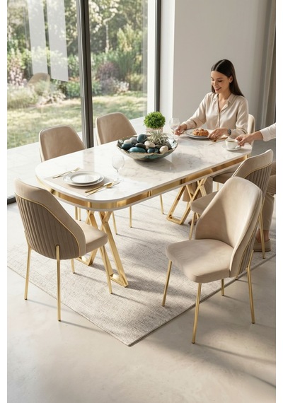 Lindia Serisi 90x168 Lak Panel Beyaz Mermer Desen Gold Ayaklı Masa Takımı 6 Krem Sandalye Lindia Serisi 90x168 Lak Panel Beyaz Mermer Desen Gold Ayaklı Masa Takımı 6 Krem Sandalye