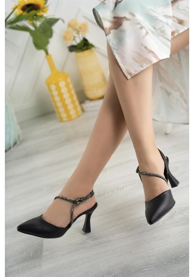 Nesil Shoes Tam 513 Siyah Taşlı Topuklu Kadın Sandalet Siyah