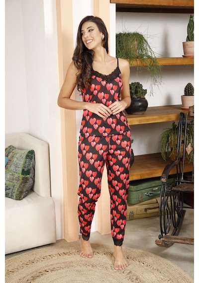 Myben Kadın Siyah Kalpli Ip Askılı Dantelli Pijama Takımı Siyah