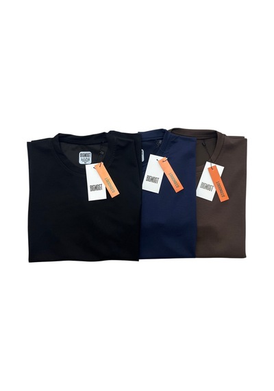 Bigmost Erkek 3'lü Set Premium Modal Kumaş Regular Fit Basic Tişört Siyah - Lacivert - Kahve