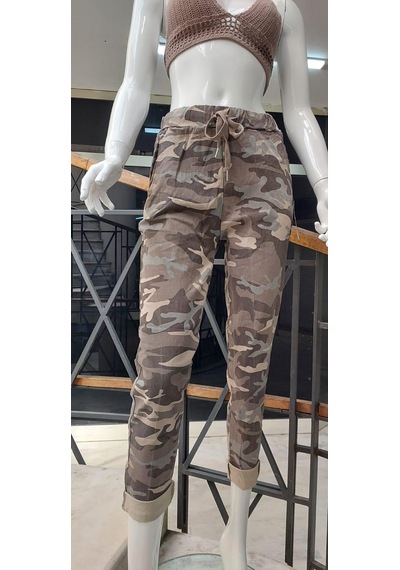 Eren Style Italyan Beli Bağlamalı Kamuflaj Desenli Dar Paça Pantolon-9078 Vizon