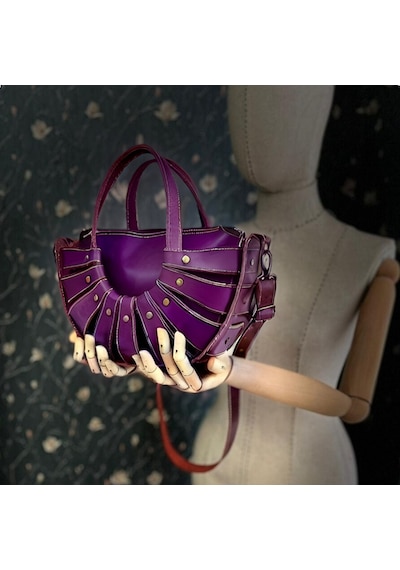 Carıdea El Yapımı Hakiki Deri Bayan Çanta, Clutch, El Omuz Çantası V90 Lila