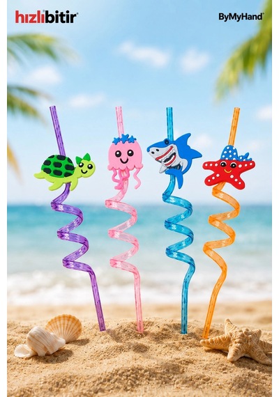 Bymyhand Plastik Kıvrımlı Renkli Karışık Figürlü 4'lü Pipet Set Karışık Renk Ve Model Çok Renkli