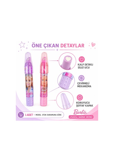 Bakgelal Lisanslı Barbie Kalp Uçlu Çevirmeli Kalem Silgi Kapaklı Okul Kırtasiye Ürünü - 9047731204780