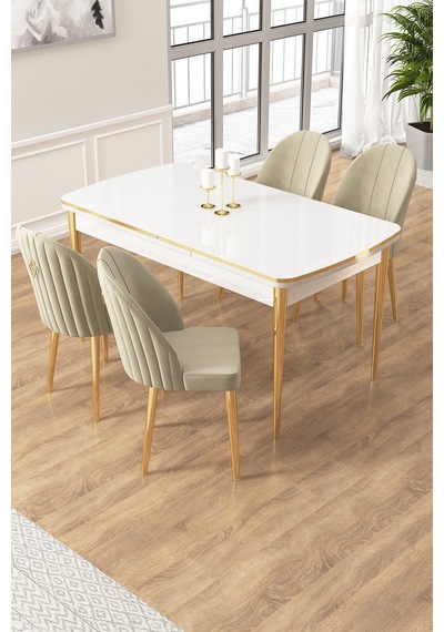 Canisa Edaf Serisi 80x132 Açılabilir Beyaz Mutfak Masa Takımı 4 Krem Sandalye Gold Detay Masa Beyaz Sandalye Cappucino Ayak Gold Canisa Edaf Serisi 80x132 Açılabilir Beyaz Mutfak Masa Takımı 4 Krem Sandalye Gold Detay Masa Beyaz Sandalye Cappucino Ayak Gold