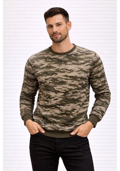 Erkek Kamuflaj Desenli 2 İplik 4 Mevsim Uzun Kollu Bisiklet Yaka Sweatshirt - Kamuflaj