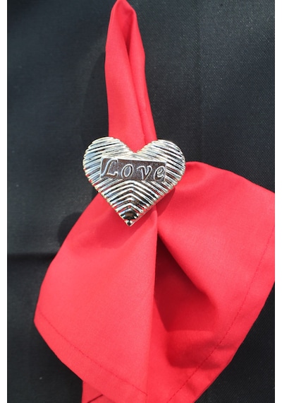 6 Adet Gümüş Love Kalp Metal Peçete Halkası - Napkin Ring