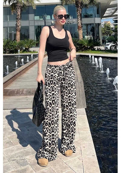 Madmext Krem Ayarlanabilir Bel Leopar Desenli Bol Paça Pantolon Mg2095-krem Krem