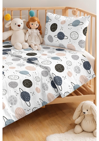 Evimde Bambaşka Uzay Gezegen Desenli Çocuk Odası Tek Kişilik Pike Takımı-gri Bej 160x220  CM Kapitone Yatak Örtüsü