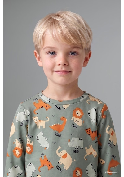 Defacto Baskılı Uzun Kollu Üst Lastikli Paça Alt 2li Pijama Takımı Erkek Bebek I1436a526augn1107 Yeşil-gn1107