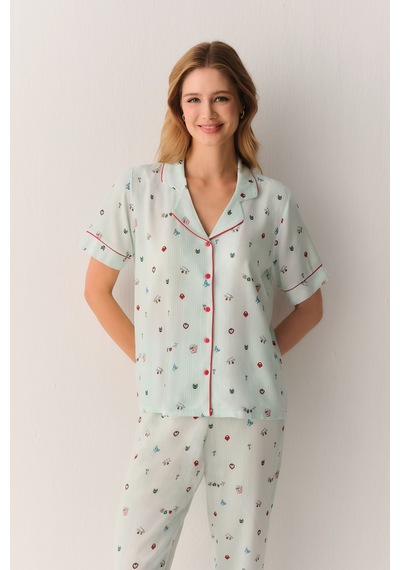 Suwen Smile Gömlek Yaka Pijama Takımı Sh26503660b892 Yeşil
