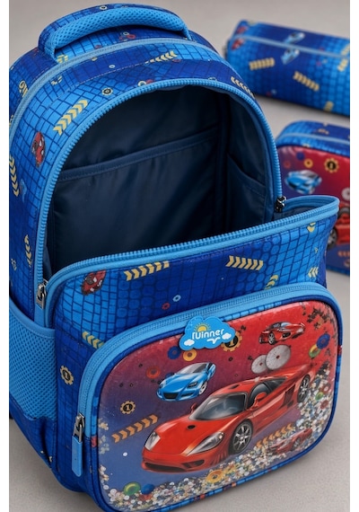 Kırmızı Araba İlkokul Çantası Beslenme Çantası Kalemlik Kabartmalı 3'lü Set 40 X 28 X 15 Cm Çok Renkli