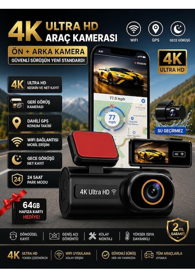 Tr 4k Ultra Hd Mini Ön Ve Arka Araç Kamerası, 64gb Hafıza Kartlı, Wifi, Gps, Gece Görüşlü
