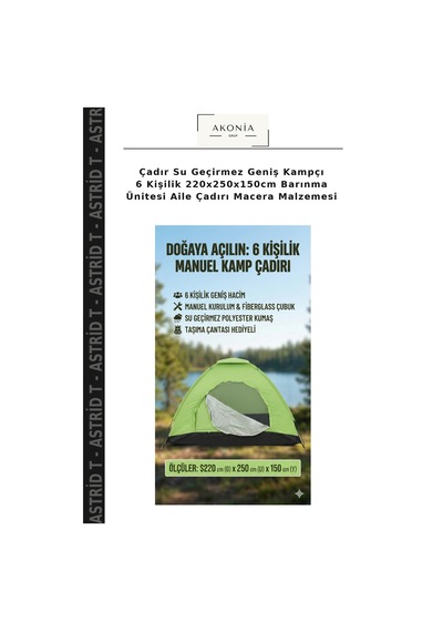 Çadır Su Geçirmez Geniş Kampçı 6 Kişilik 220x250x150cm Barınma Ünitesi Aile Çadırı Macera Malzemesi Çok Renkli