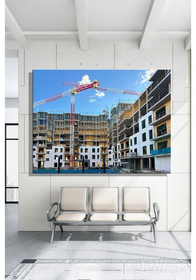 Kule Vinçler İle Yapımı Devam Eden Çok Katlı Modern Bir İnşaat Şantiyesi Yatay Kanvas Tablo 3910 Çok Renkli