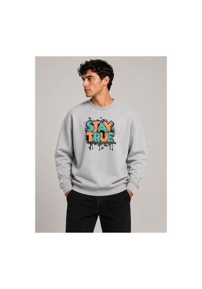 Herkesemoda Stay True Detaylı Bisiklet Yaka Şardonlu 2 İplik Sweatshirt Gri